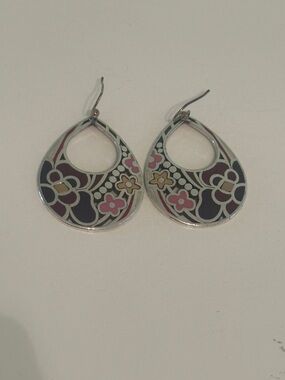 Floral Teardrop Enamel Drop Earrings - Pink & dark purple
